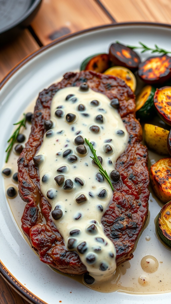 A gourmet plate of steak topped with creamy peppercorn sauce and served with roasted vegetables.